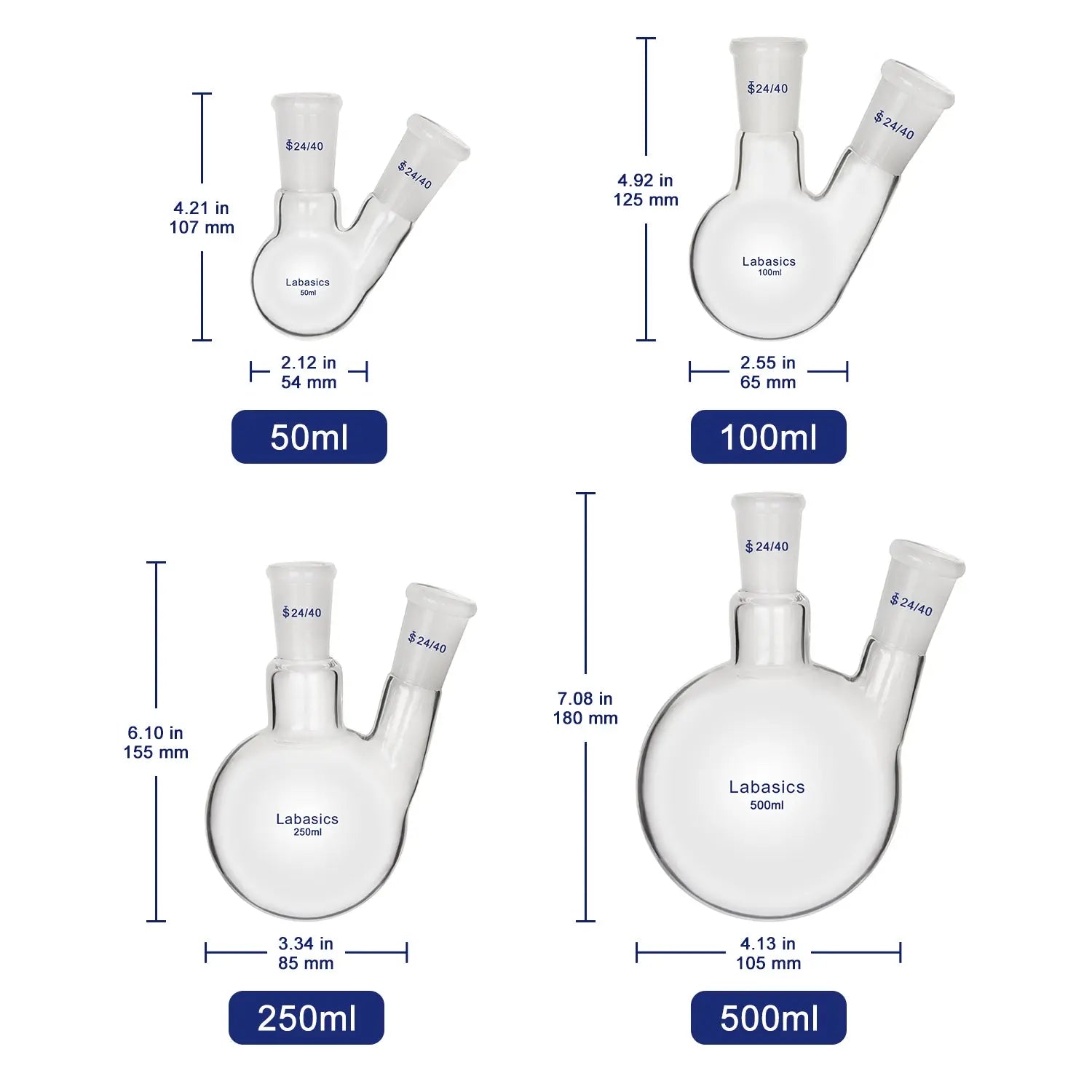 2 Neck Round Bottom Flask, 24/40 Taper Outer Joint, 50-3000 mL Labasics
