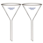 Glass filter funnel, 100 mm OD, short stem design, borosilicate material, used for chemical liquid transfer in lab