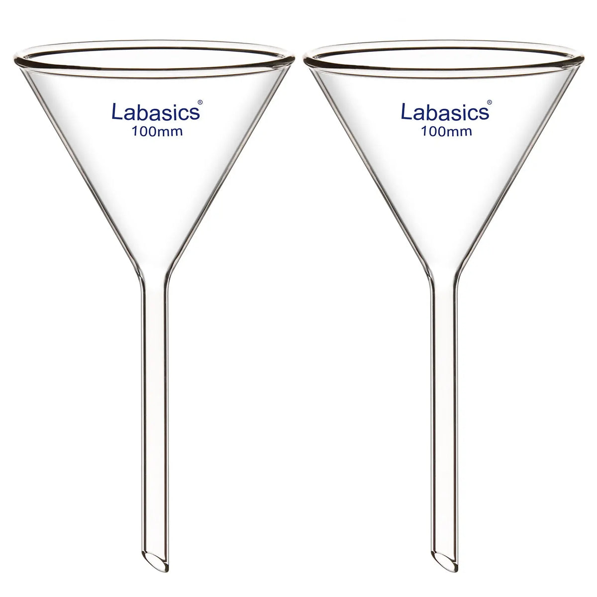 Glass filter funnel, 100 mm OD, short stem design, borosilicate material, used for chemical liquid transfer in lab