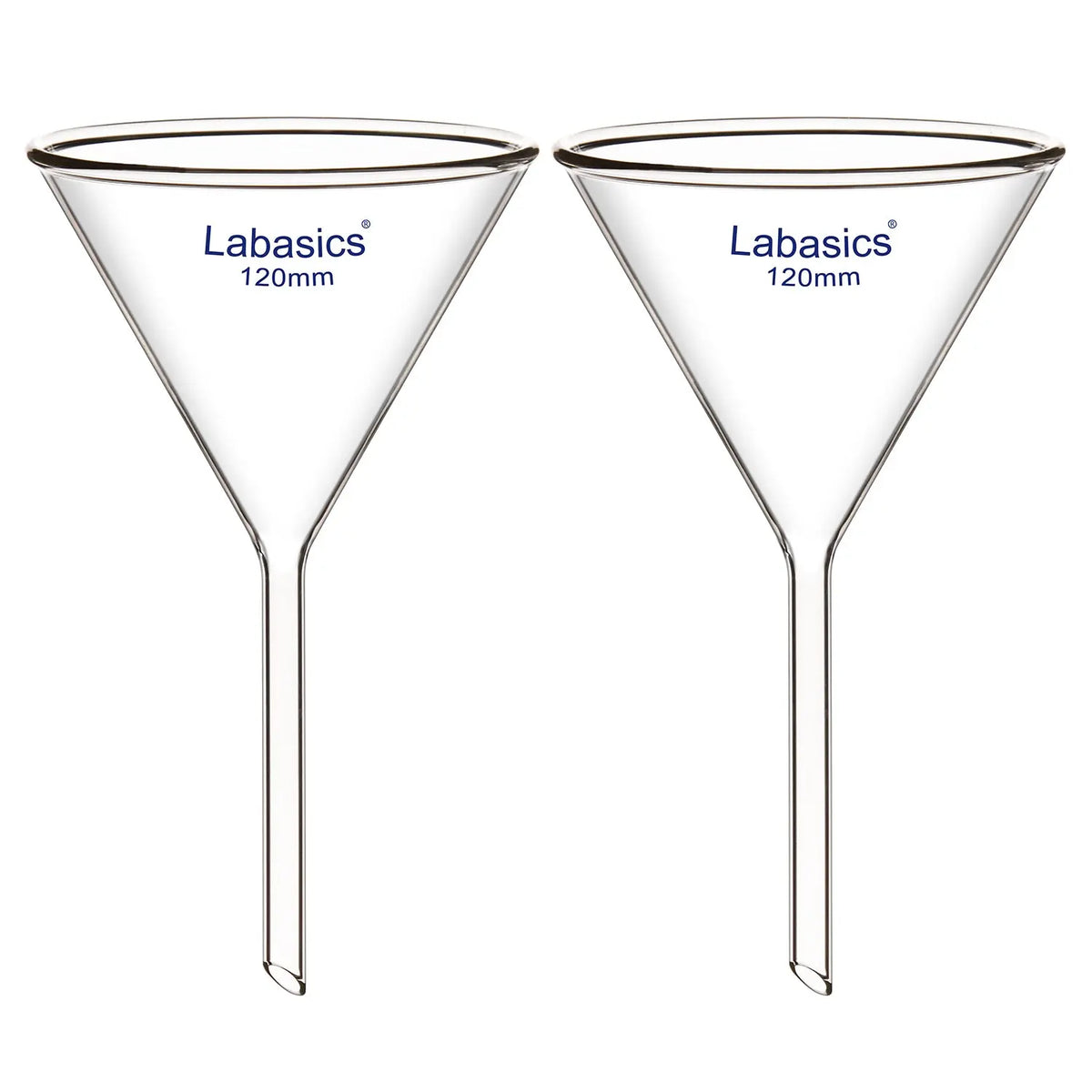 Filter funnel, 120 mm OD, borosilicate glass, short stem, laboratory funnel for filtration and liquid handling