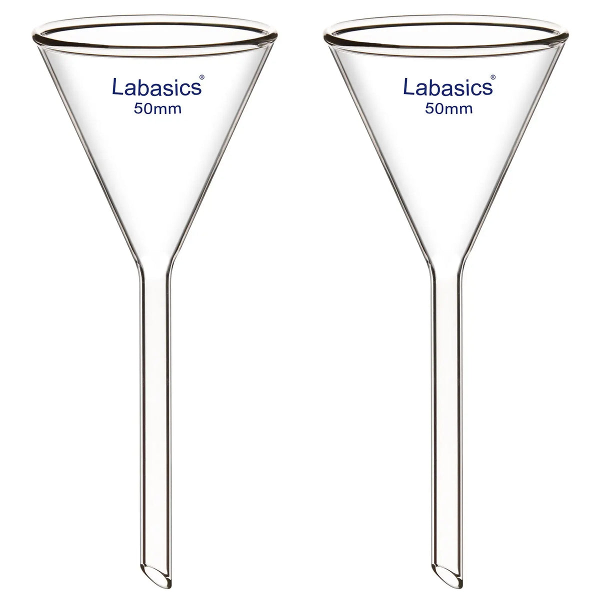 Glass filter funnel, short stem, 50 mm OD, borosilicate glass, laboratory funnel for liquid filtration and transfer