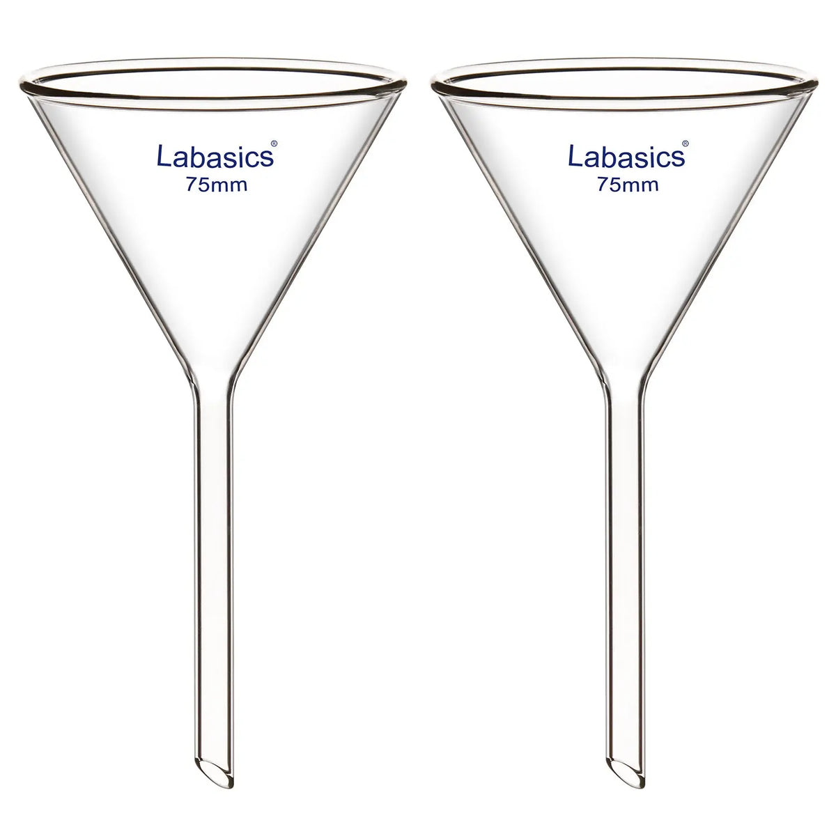 Filter funnel, short stem, 75 mm diameter, borosilicate glass, 2 pack, for laboratory liquid pouring and filtration