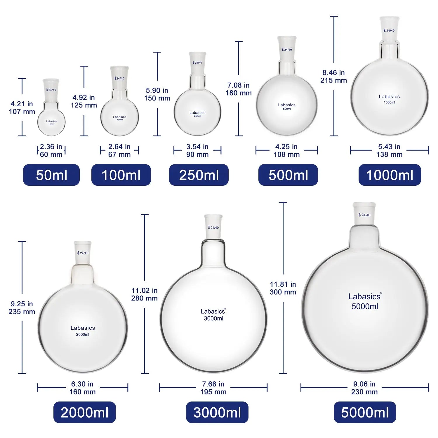 1 Neck Round Bottom Flask, 24/40 Joint, 50-5000 ml Labasics