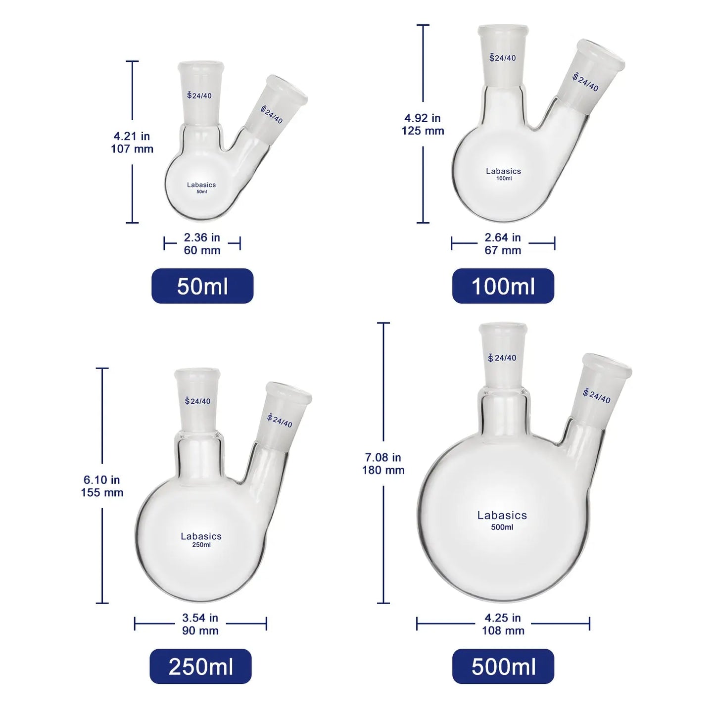 2 Neck Round Bottom Flask, 24/40 Joints, 50-5000 ml Labasics
