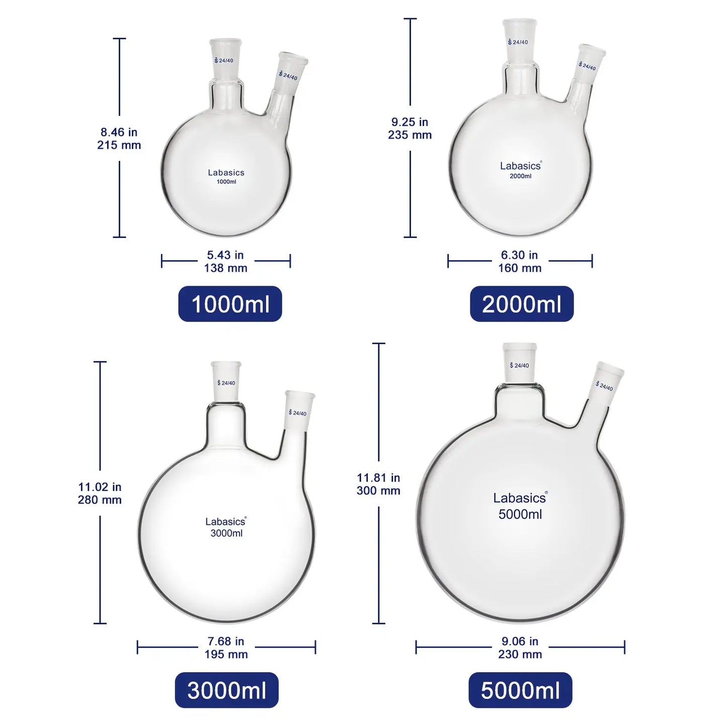 2 Neck Round Bottom Flask, 24/40 Joints, 50-5000 ml Labasics