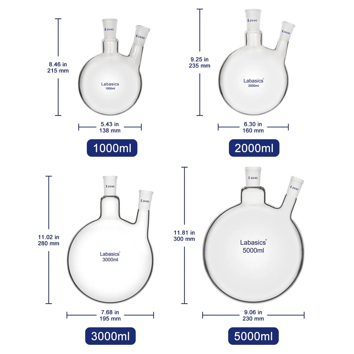 2 Neck Round Bottom Flask, 24/40 Joints, 50-5000 ml Labasics