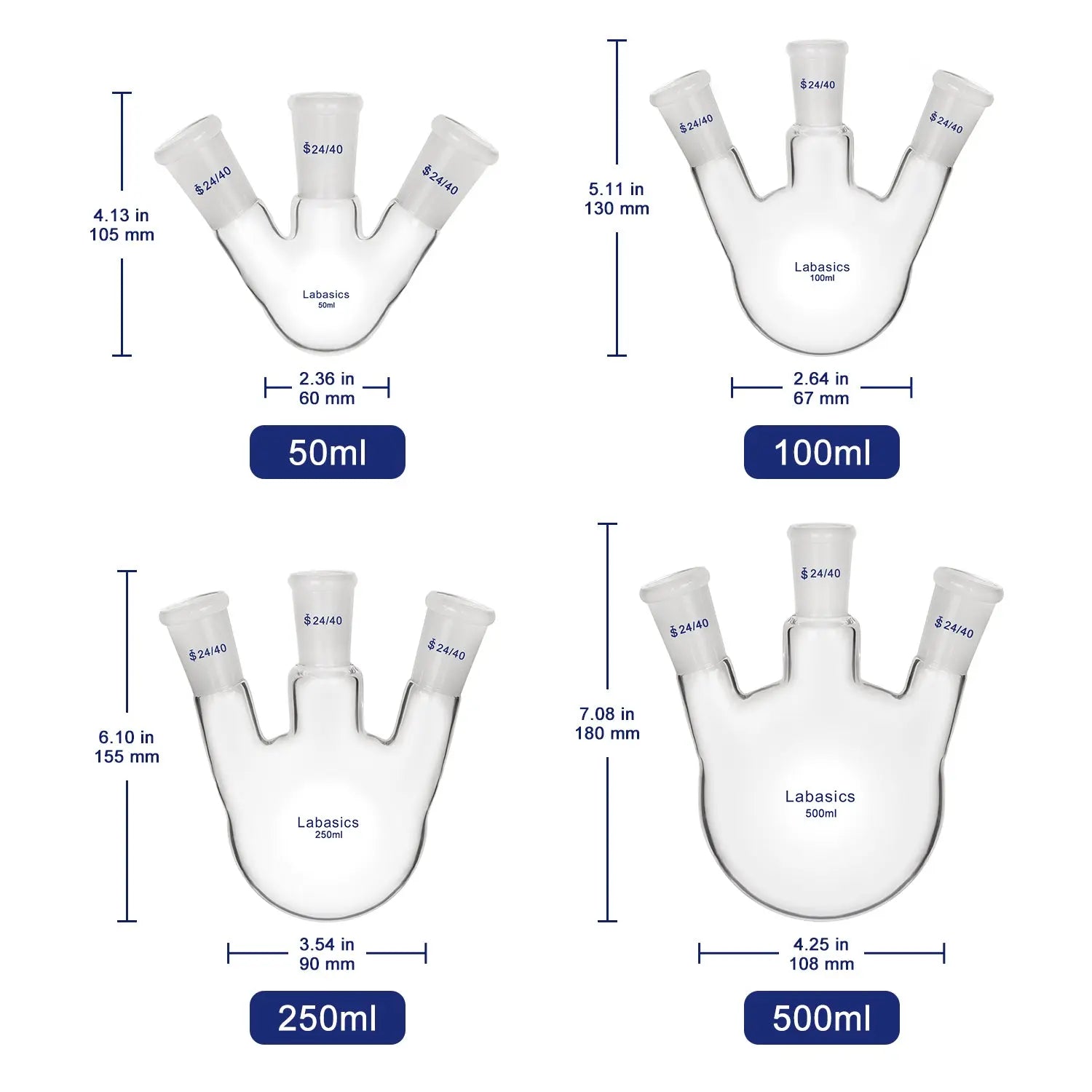 3 Neck Round Bottom Flask, 24/40 Joints, 50-5000 ml Labasics