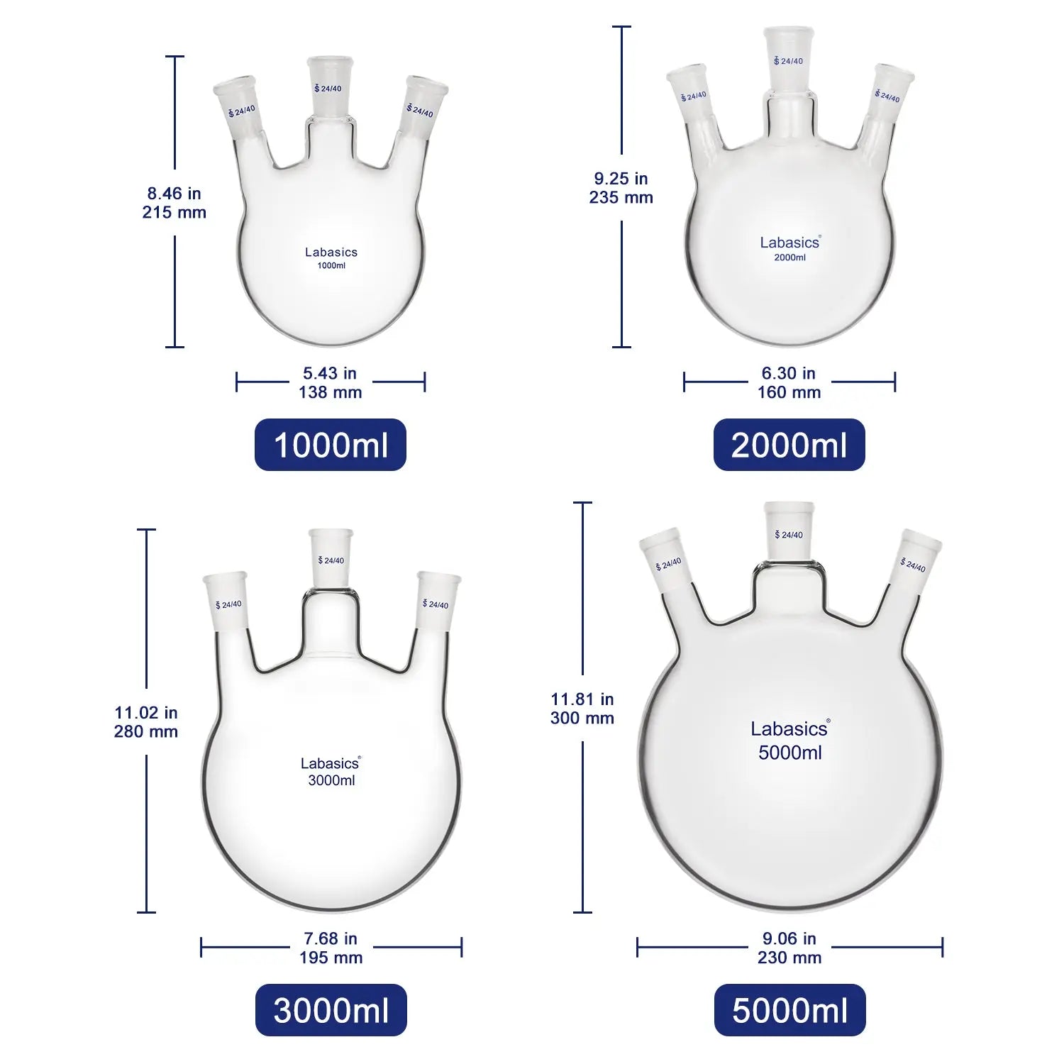 3 Neck Round Bottom Flask, 24/40 Joints, 50-5000 ml Labasics