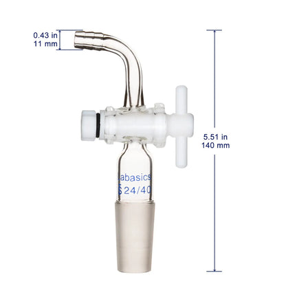 Flow Control Adapter with PTFE Stopcock, 24/40 Joint and Bent Hose Connection for Lab Supply