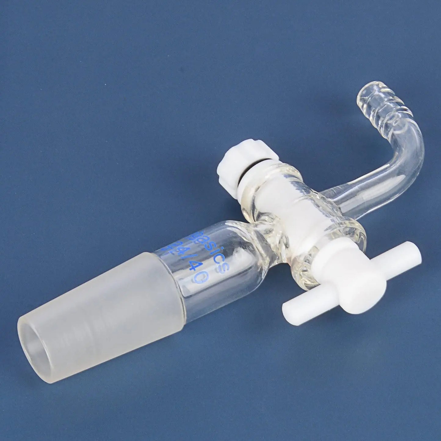 Flow Control Adapter with PTFE Stopcock, 24/40 Joint and Bent Hose Connection for Lab Supply