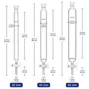 Three glass burettes labeled 30 mm, 40 mm, and 50 mm with dimension callouts and measurements, shown on a white background.