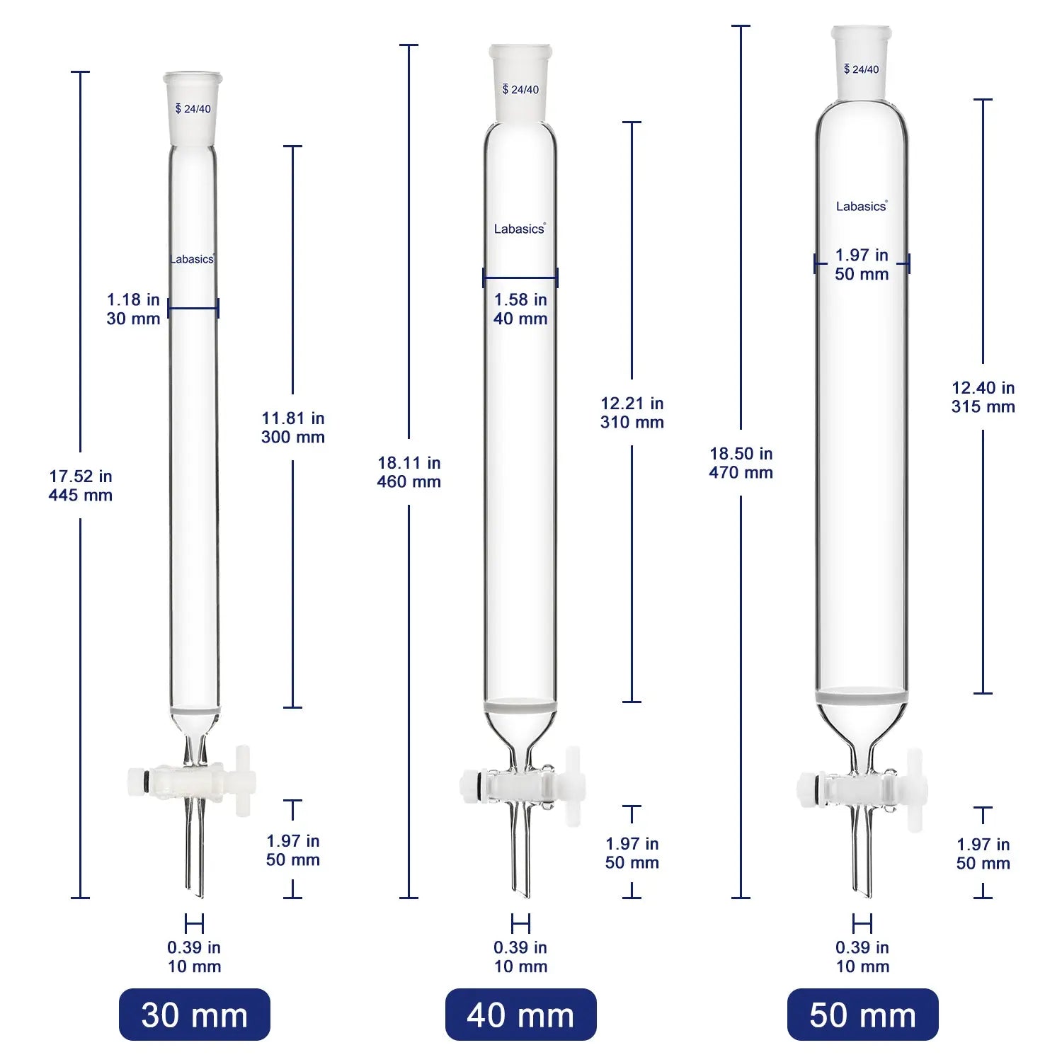 Three glass burettes labeled 30 mm, 40 mm, and 50 mm with dimension callouts and measurements, shown on a white background.
