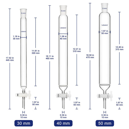 Three glass burettes labeled 30 mm, 40 mm, and 50 mm with dimension callouts and measurements, shown on a white background.