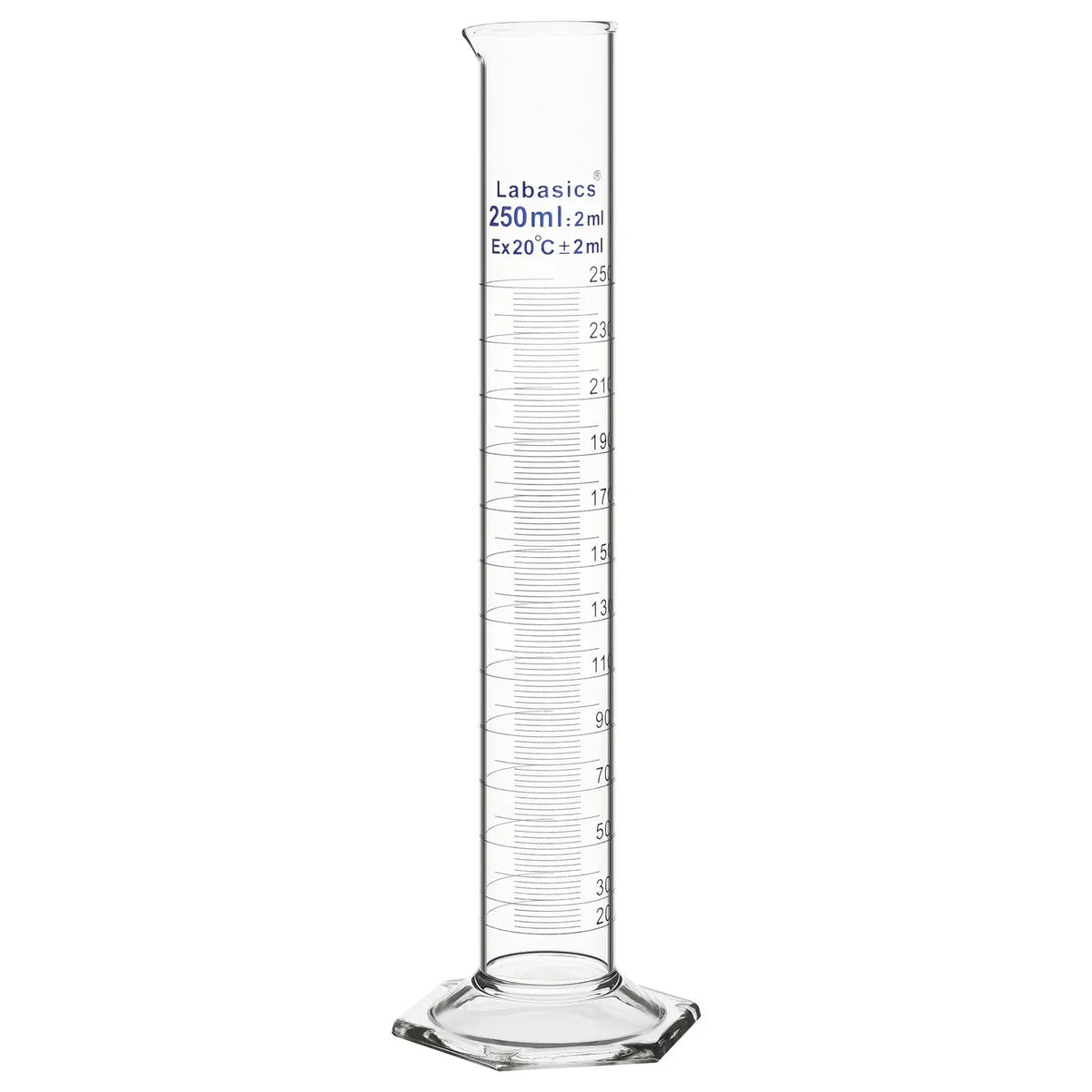 250 mL G3.3 borosilicate glass measuring cylinder with hexagonal base