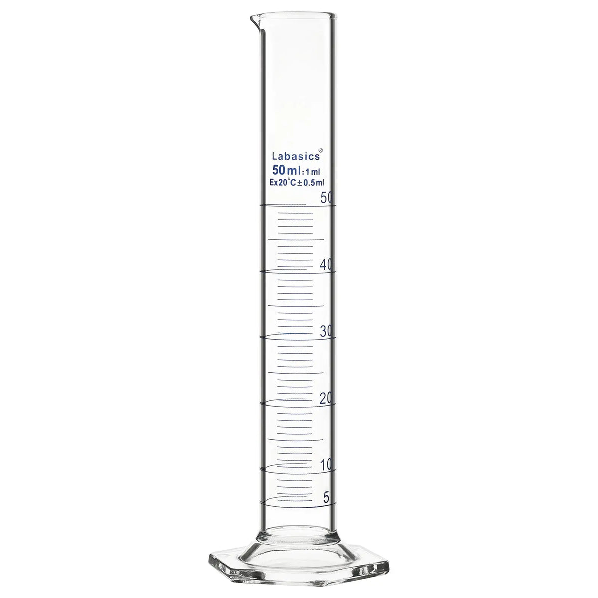 50 mL G3.3 borosilicate glass measuring cylinder with hexagonal base