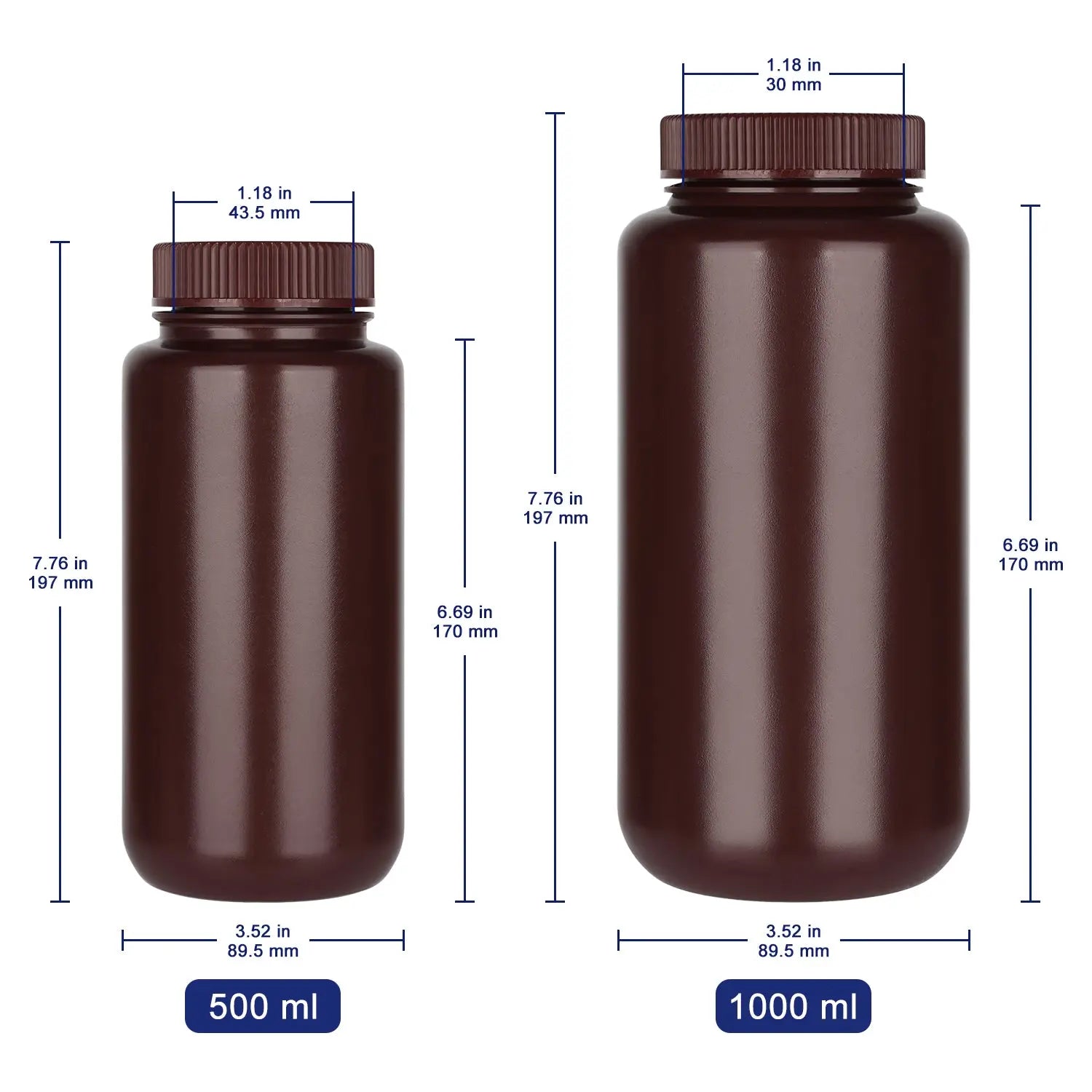 HDPE wide mouth reagent bottle with labeled dimensions