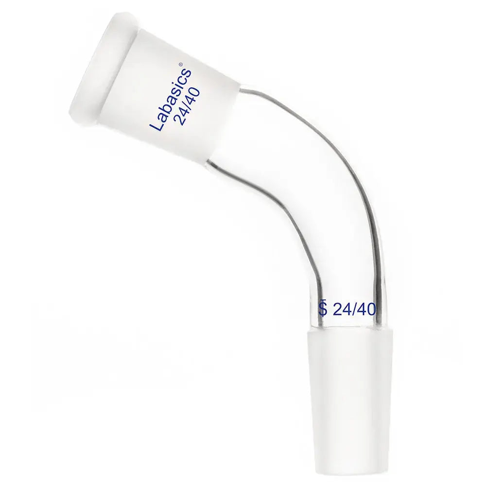 105° bent borosilicate glass distilling adapter, 24/40 joint, heavy-duty and chemical-resistant, ideal for connecting columns and condensers