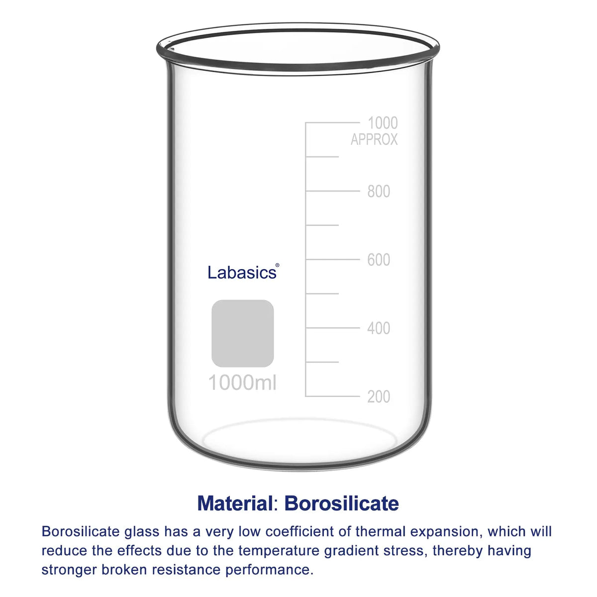 Borosilicate glass material of graduated laboratory beakers with heat and corrosion resistance