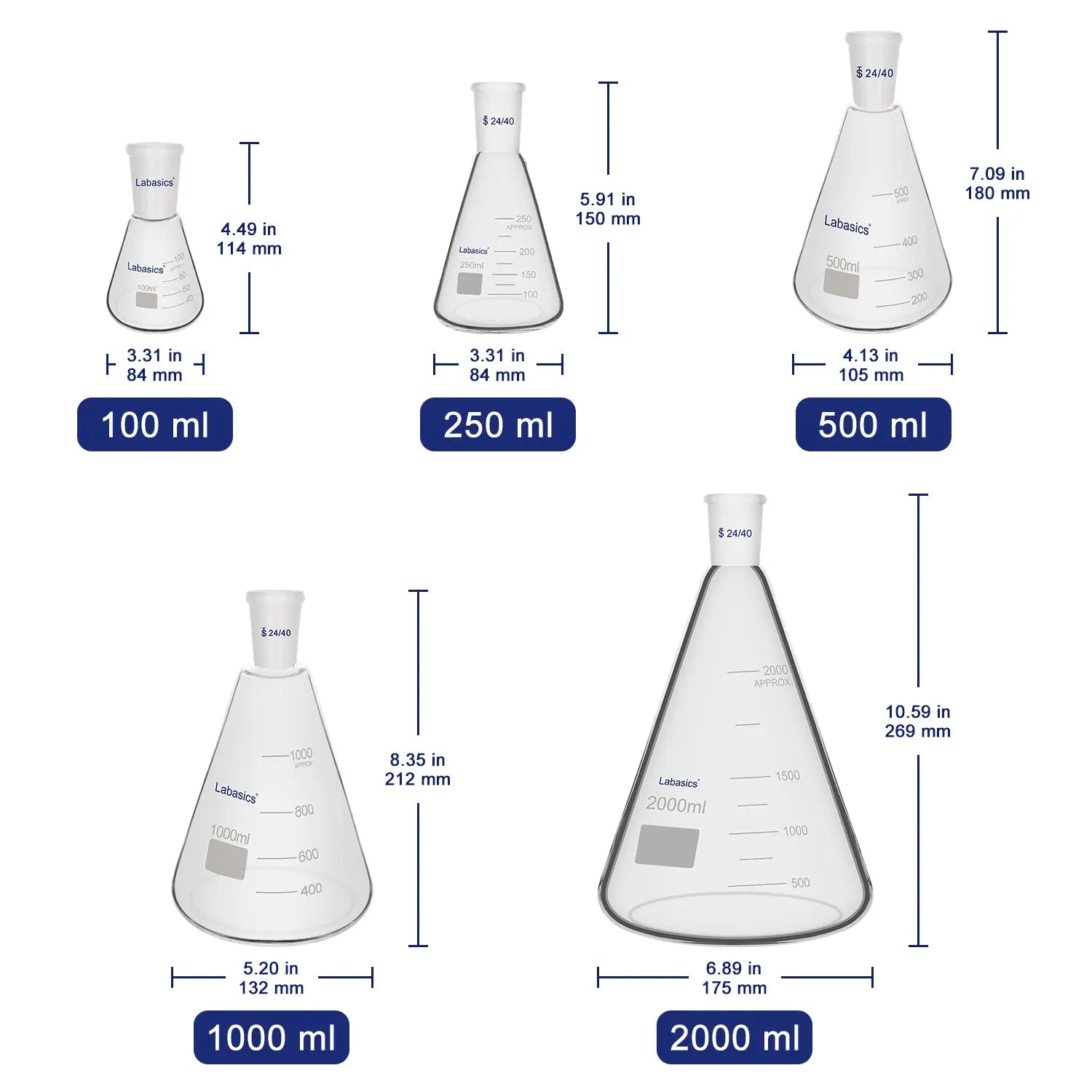 Erlenmeyer Flask, 24/40 Joint, 100-1000 ml Labasics