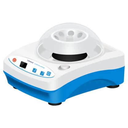 Mini centrifuge, 4000-11000 RPM, 7100×g max centrifugal force, angle rotor, multiple rotor adapters for 1.5/2 mL and PCR tubes, compact and quiet design