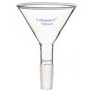 100 mm borosilicate glass powder funnel, reusable, 24/40 joint, short stem, suitable for precise chemical transfer in labs