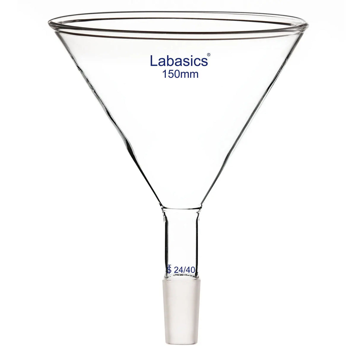 150 mm borosilicate glass powder funnel, 24/40 joint, short stem, thick-walled and high-transparency, lab-scale material transfer