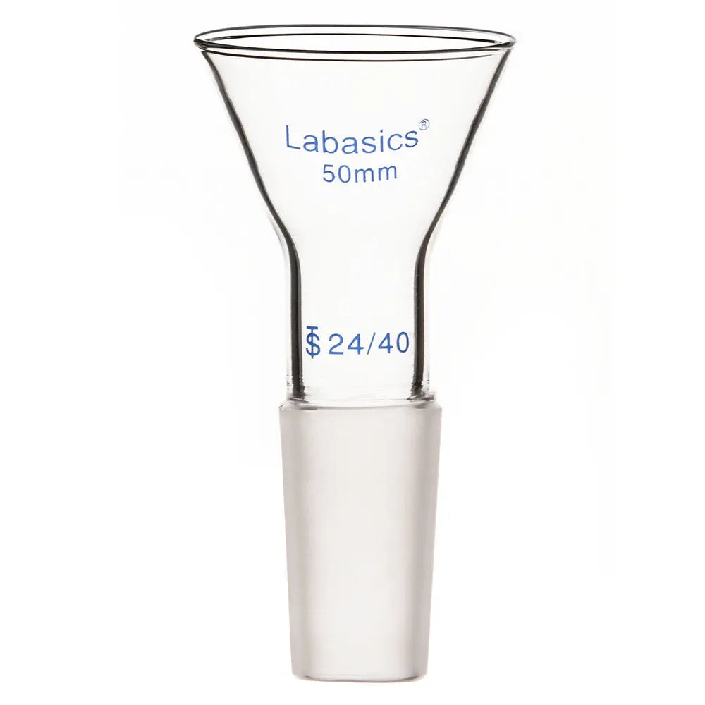 50 mm borosilicate glass powder funnel, short stem, 24/40 joint, durable and chemical resistant, ideal for lab material transfer