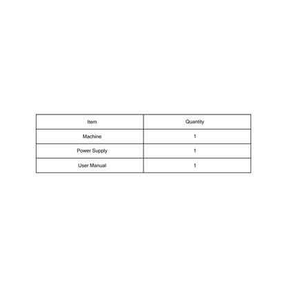 Table listing items and their quantities with 'Machine', 'Power Supply', and 'User Manual' on a white background.