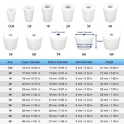 White cylindrical objects with labeled sizes and measurements on a white background