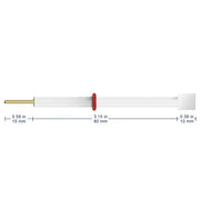 Measurement chart of a white cable with gold and red connectors on a white background