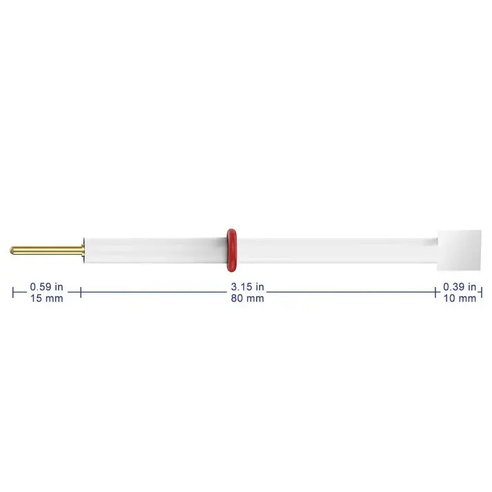 Measurement chart of a white cable with gold and red connectors on a white background