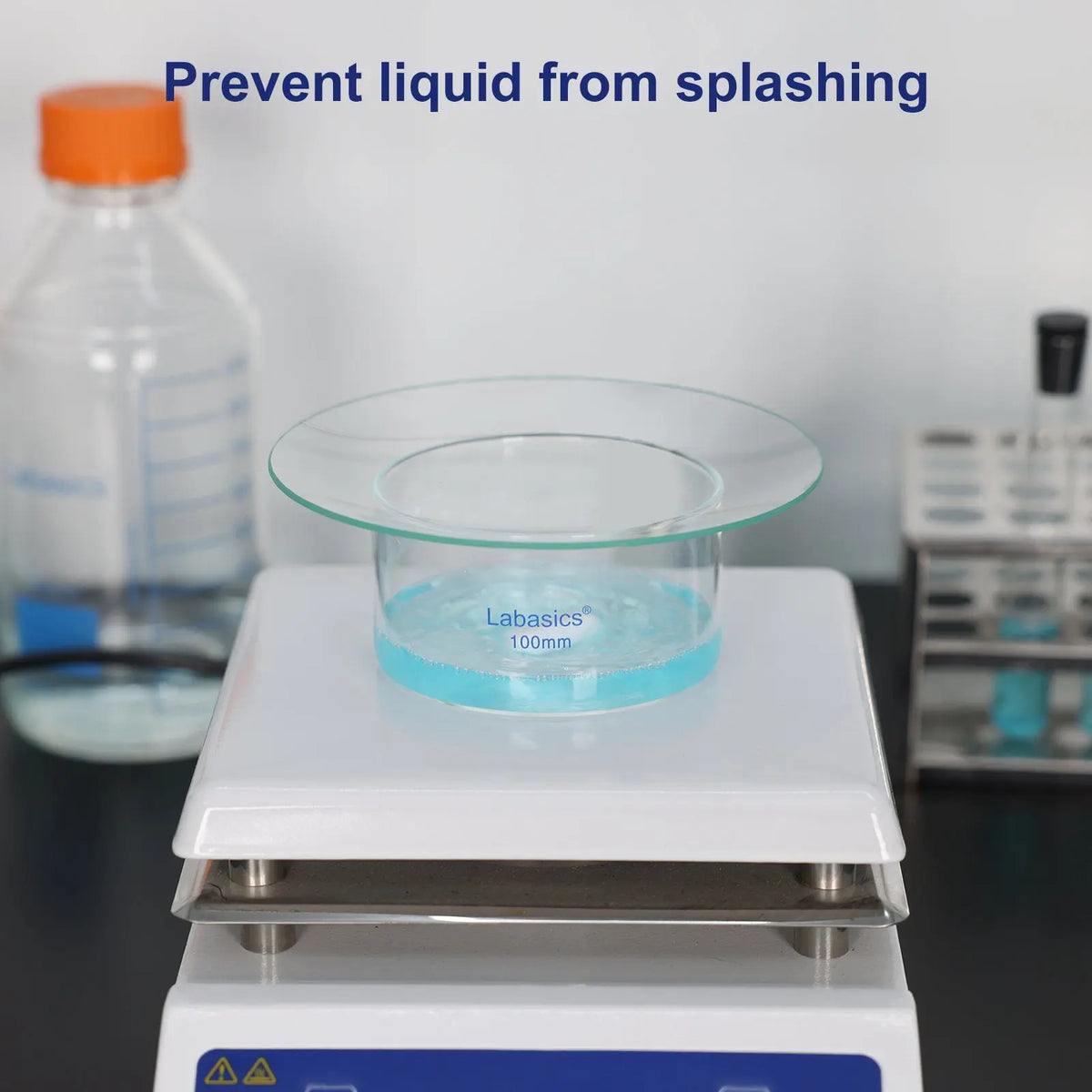 Lab balance with a glass dish containing liquid, with text 'Prevent liquid from splashing'.