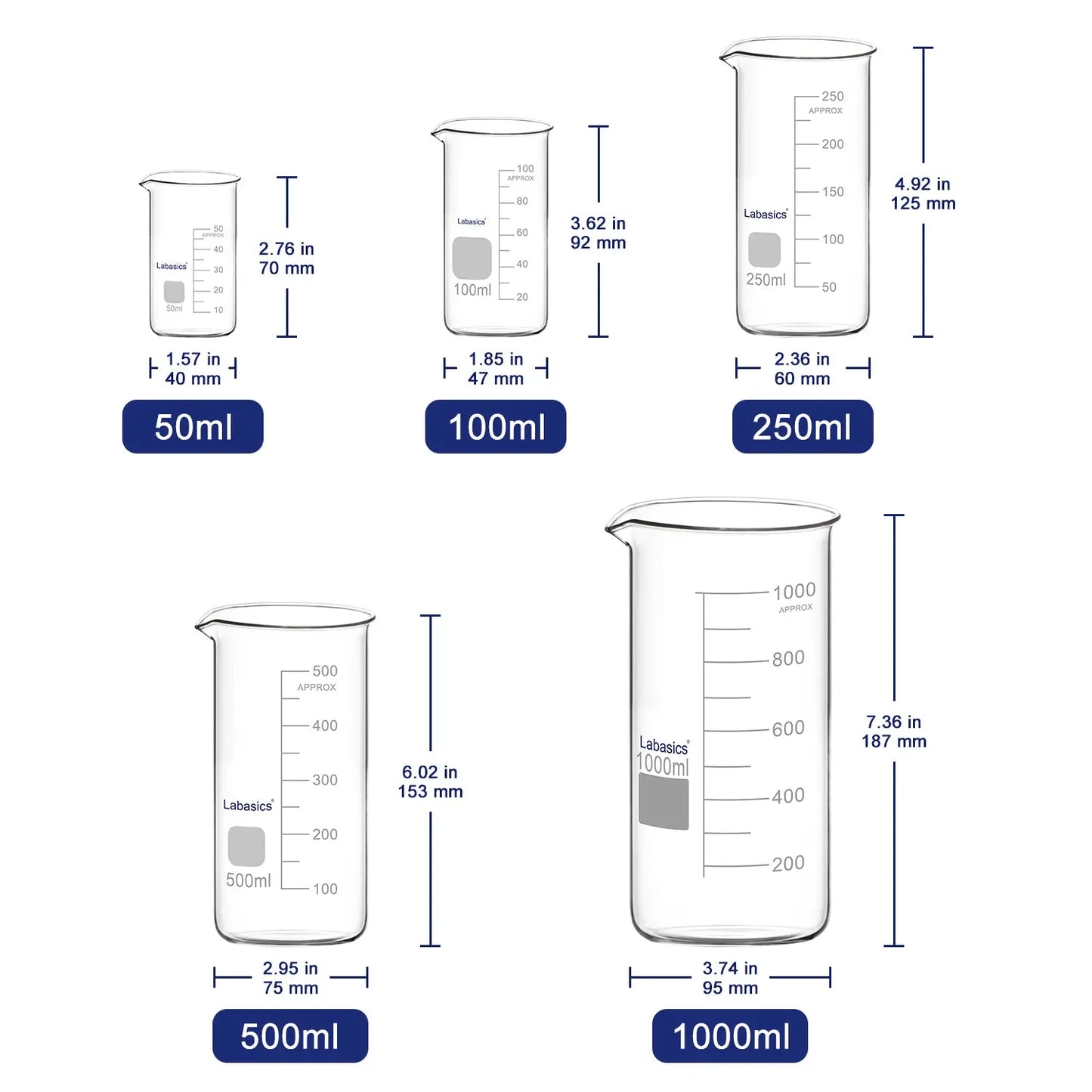 Glass Tall Beaker with Pouring Spout, 50-1000 ml Labasics
