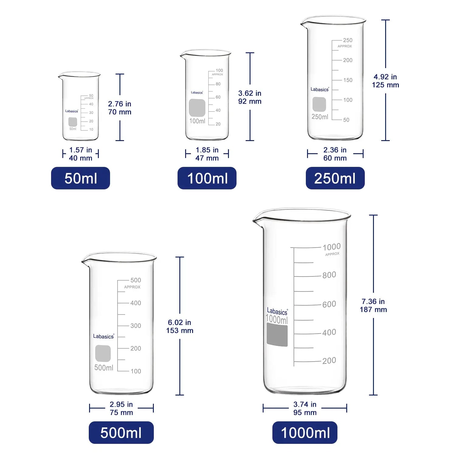 Glass Tall Beaker with Pouring Spout, 50-1000 ml Labasics