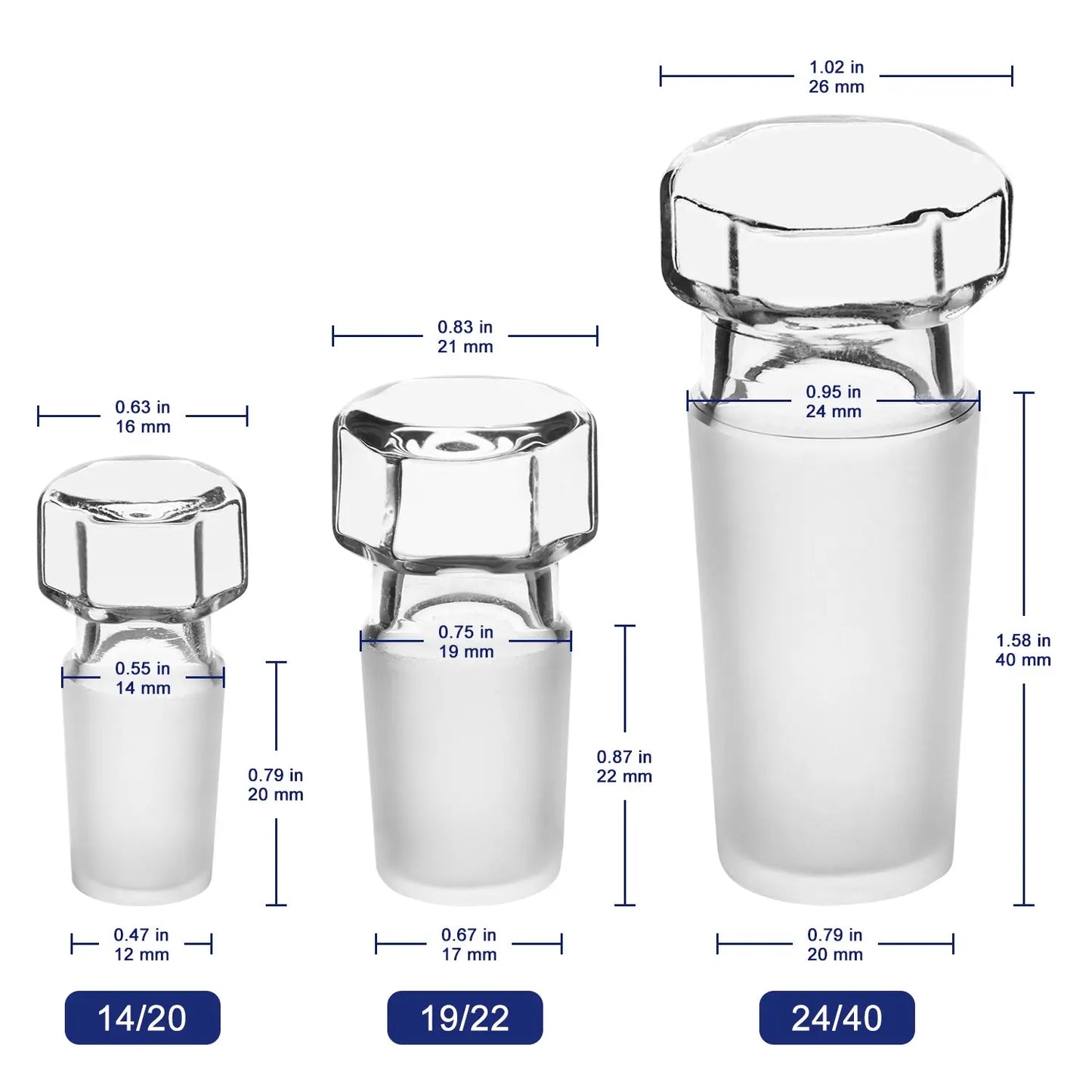 Glass smoking accessories with measurements on a white background