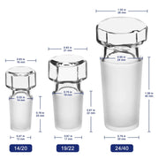 Glass smoking accessories with measurements on a white background
