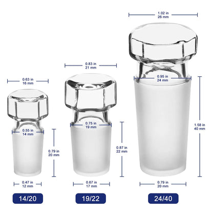 Glass smoking accessories with measurements on a white background