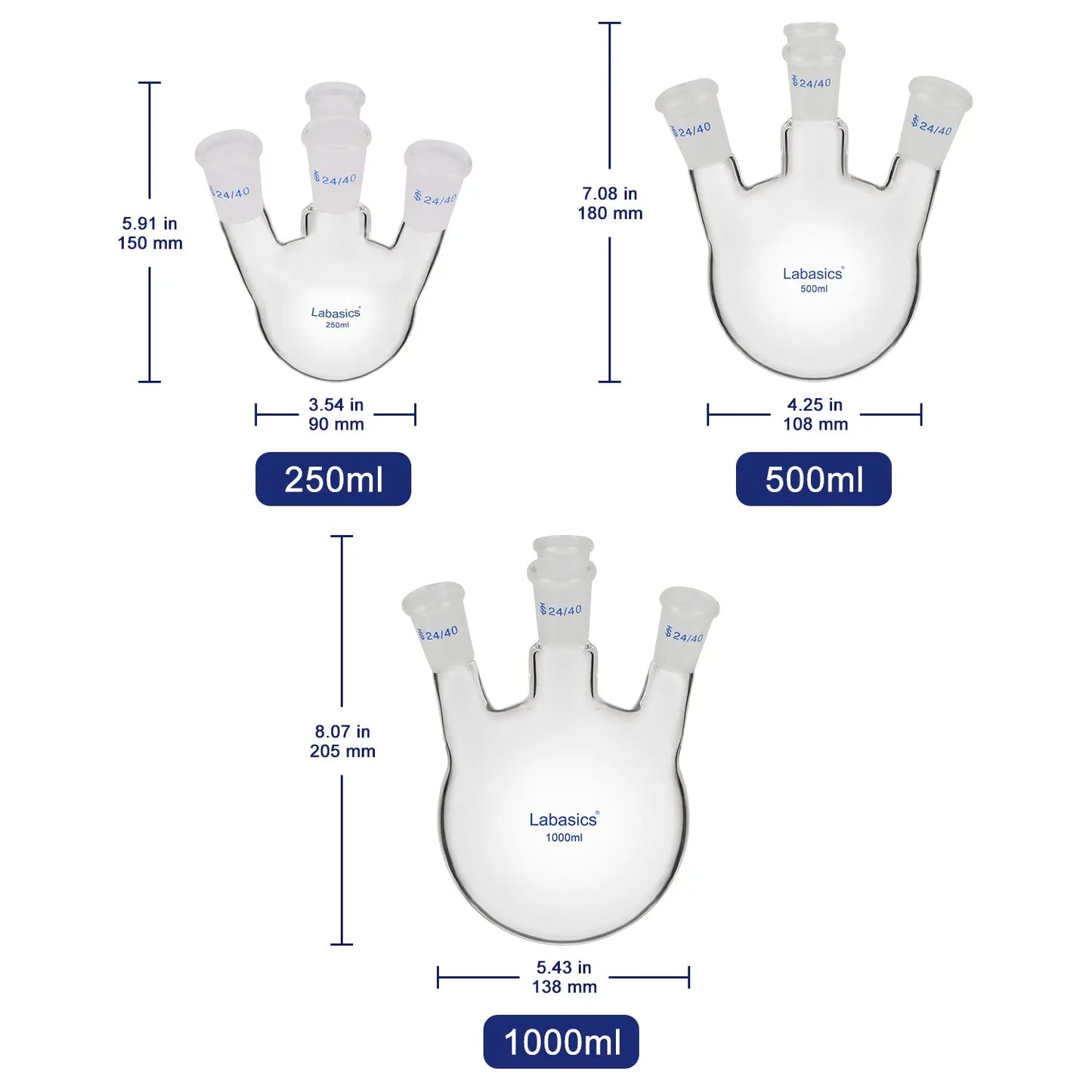 4 Neck Round Bottom Flask, Angled Neck, 24/40 Joints, 250-1000 ml Labasics