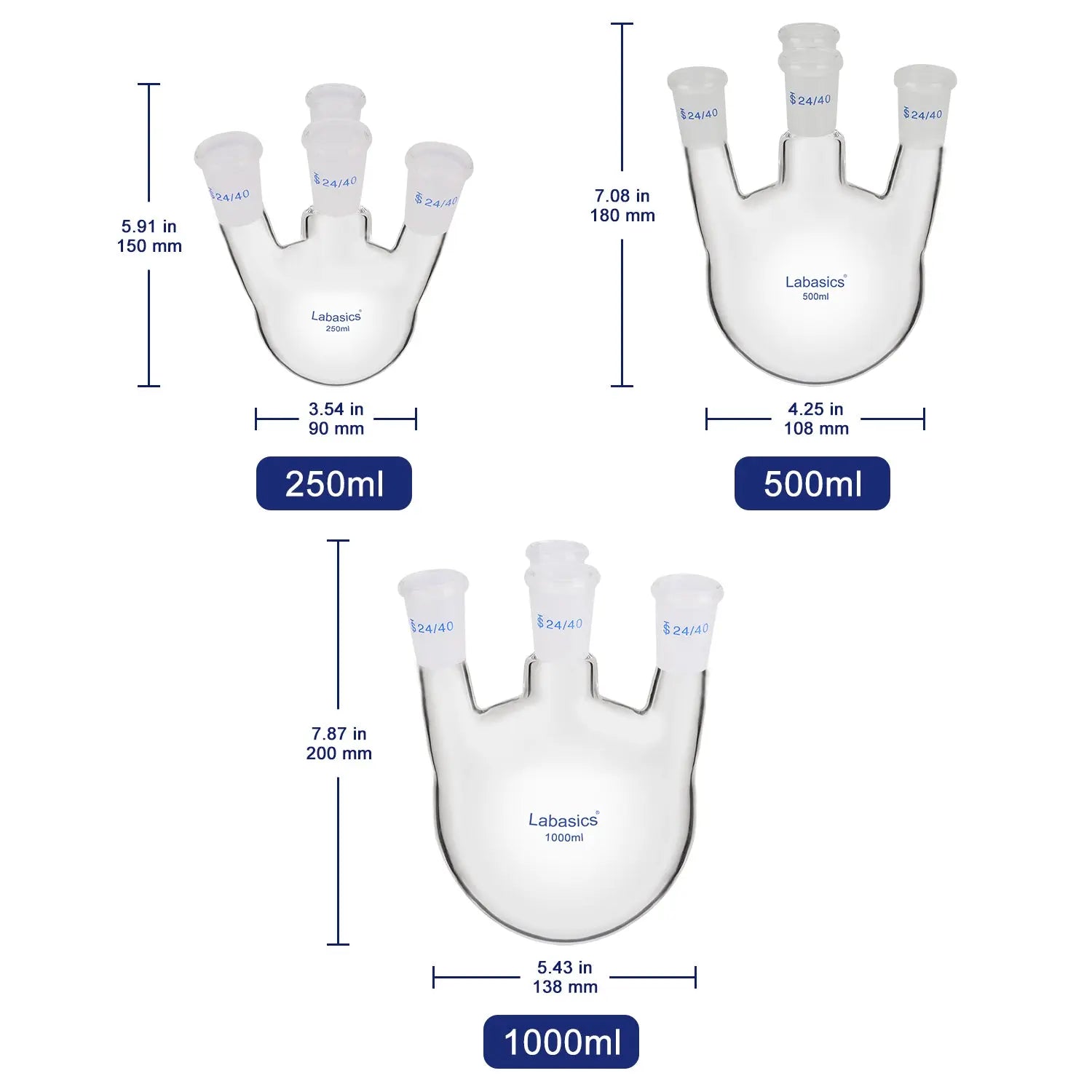 4 Neck Round Bottom Flask, Straight Neck, 24/40 Joints, 250-1000 ml Labasics