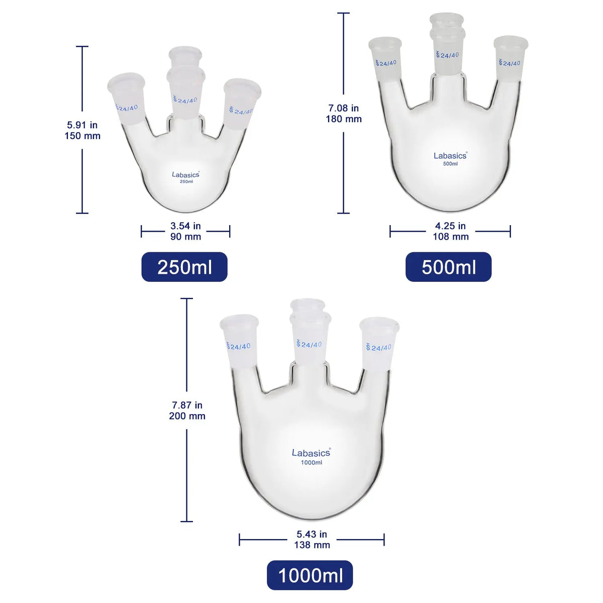 4 Neck Round Bottom Flask, Straight Neck, 24/40 Joints, 250-1000 ml Labasics