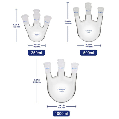 4 Neck Round Bottom Flask, Straight Neck, 24/40 Joints, 250-1000 ml Labasics