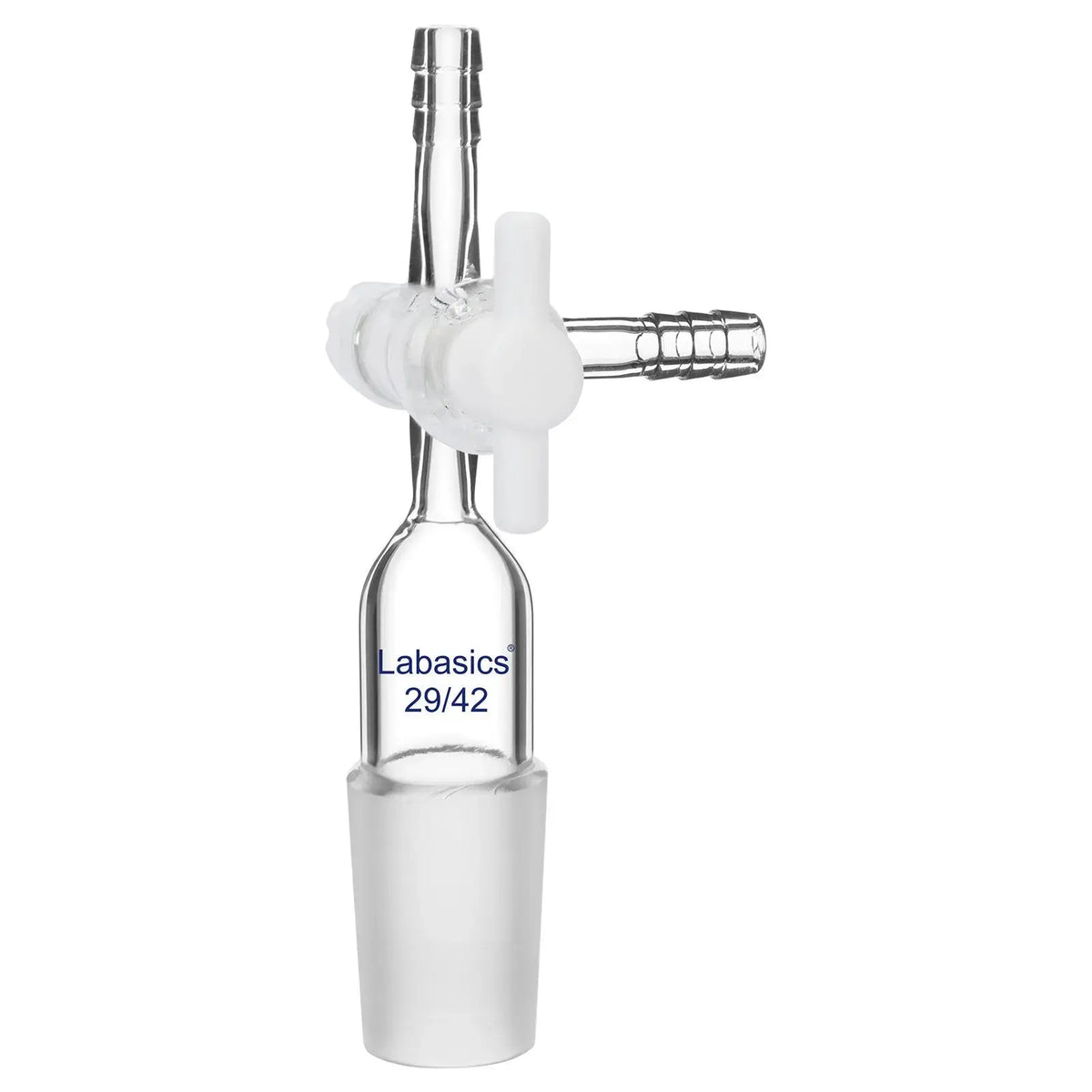 3-way borosilicate glass vacuum flow control adapter with PTFE stopcock, 29/42 joint, durable and reusable, ideal for regulating gas or liquid flow in laboratory systems