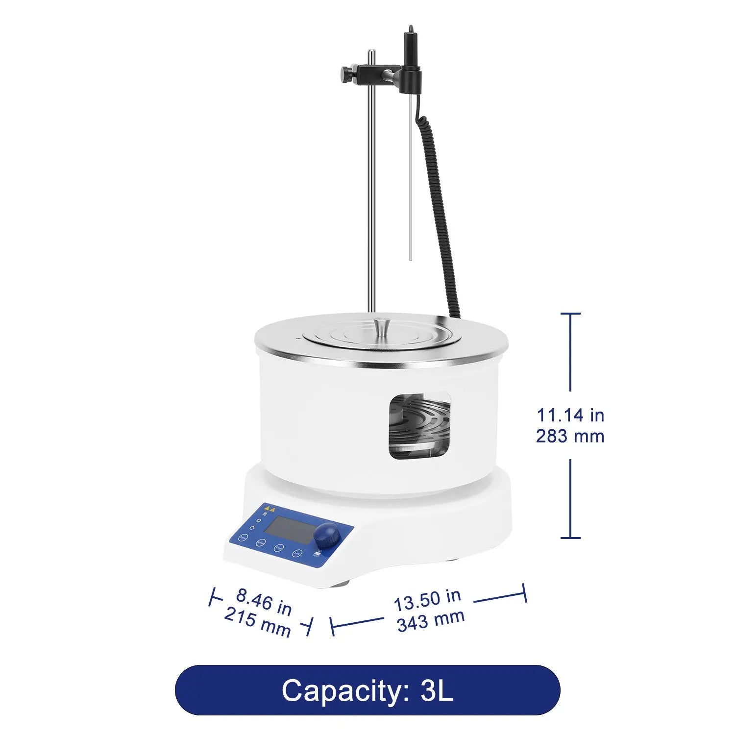 Compact 3 L LCD digital heating magnetic water bath, borosilicate glass tank, 100–1500 rpm stirring, precise RT–220°C control, brushless motor, ideal for small-scale lab reactions