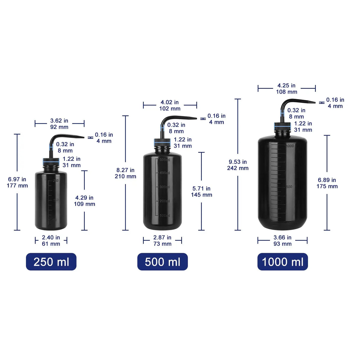 LDPE Wash Bottle, Black, 3-Pack, 250-1000 ml Labasics