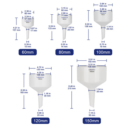 Measurement chart of different sizes of white funnels with dimensions labeled.