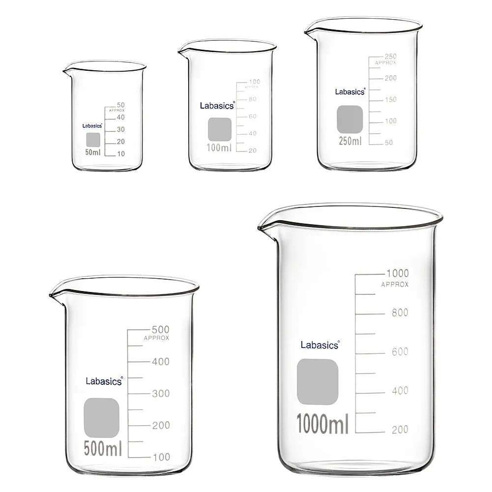 Glass Beaker Set Graduated Low Form Griffin Beakers in 5 Sizes, Combo Pack