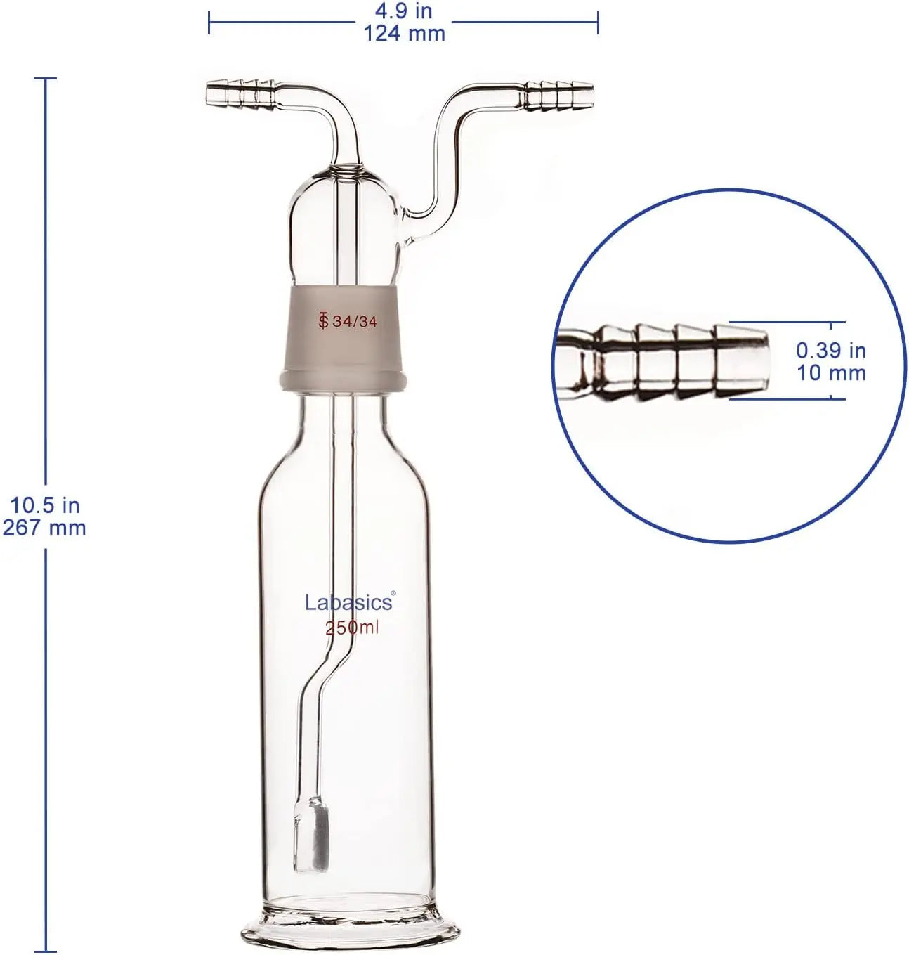 250 ml borosilicate glass gas washing bottle with 20 µm fritted tube and 34/34 ground joint for laboratory gas absorption