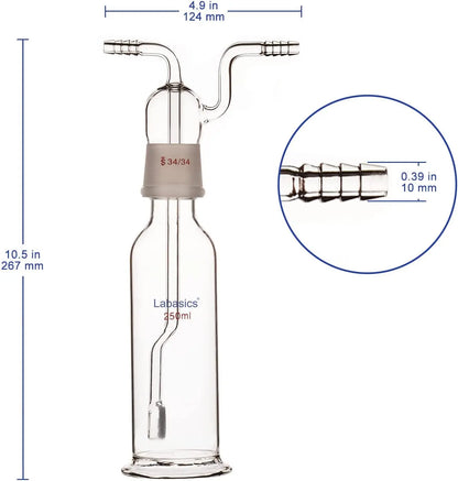 250 ml borosilicate glass gas washing bottle with 20 µm fritted tube and 34/34 ground joint for laboratory gas absorption