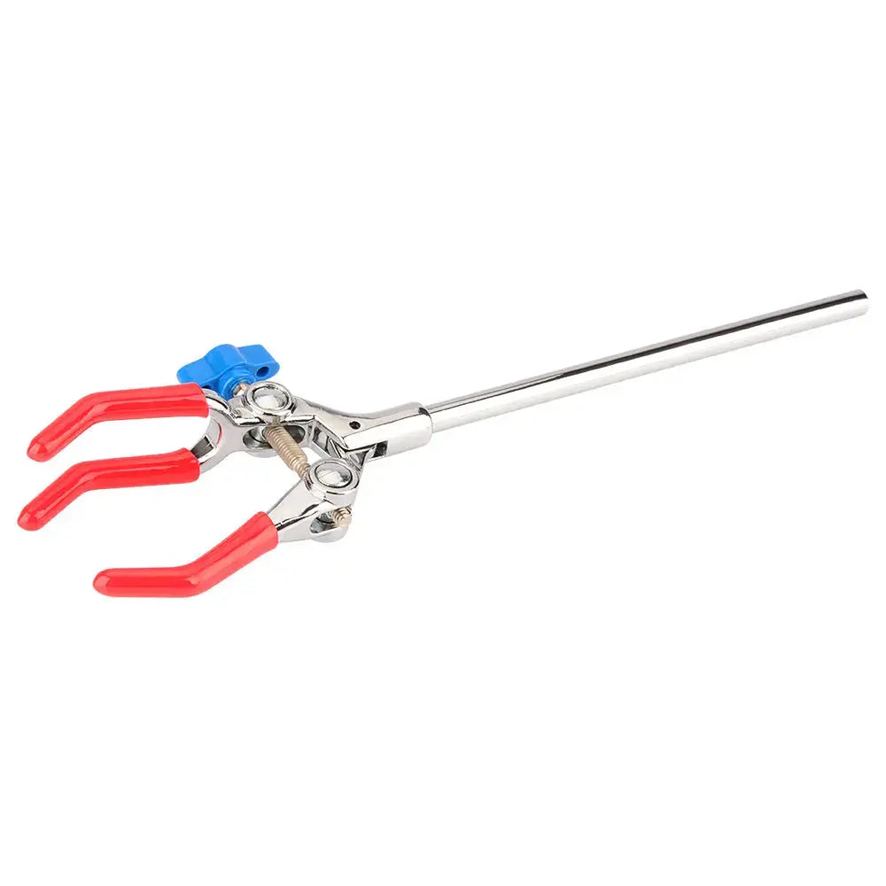 3-prong extension swivel clamp, 18 cm rod lab accessory, single adjust screw, 360-degree rotation, max 90 mm grip, rubber-coated jaws, boss head compatible, laboratory glassware holder