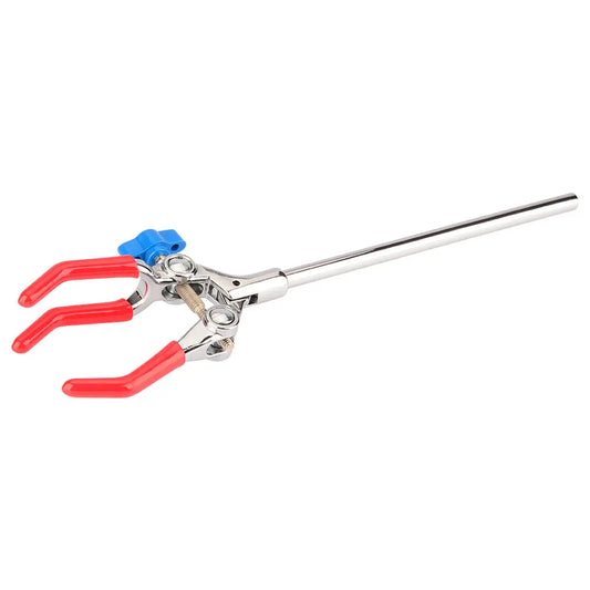 3-prong extension swivel clamp, 18 cm rod lab accessory, single adjust screw, 360-degree rotation, max 90 mm grip, rubber-coated jaws, boss head compatible, laboratory glassware holder